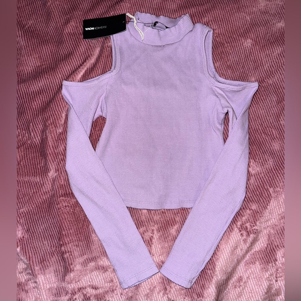 lavender cold shoulder rubbed long sleeve top
